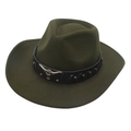 Dark green wool felt western cowboy hat featuring retro bull head metal accent and leather band - Adult (56-60cm) / Army Green (Bull Head + Black Band)