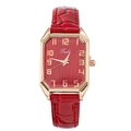 Macro detail of red rectangular watch with crocodile texture leather strap and gold case - Red Full Numeral Face