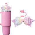 Glitter bow decoration and pink silicone straw cover accessory set for tumbler cups - Pink