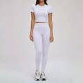 Women's lavender purple yoga set featuring short sleeve crop top and high waist leggings - S / Short Sleeve + Pants — Romantic Purple