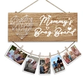 Wooden Mommy's Brag Board photo display with hanging clips and string heart art - Mommy's Brag Board