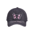 Casquette de baseball en denim délavé gris foncé avec patch papillon et broderie rose - Adulte(56-60cm) / Gris avec papillon rose