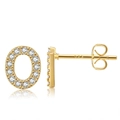 Macro shot of gold-plated sterling silver stud earrings with sparkling zircon halo - Style O