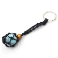 Handmade woven keychain with natural turquoise stone and yellow wooden bead - Green Turquoise + Black Mesh Keychain