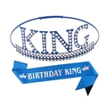 Couronne en métal bleu avec strass KING et écharpe assortie BIRTHDAY KING à paillettes - Strass bleu AB + Écharpe iridescente bleu marine