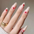 Minimalist almond press-on nails with nude base and red heart French tips for women - Jelly Glue Type / Y-02 Nude Pink Red Heart