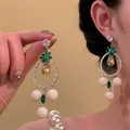 Elegant drop earrings with green petals, amber gemstone and hanging pearls for summer - Palace Style Teardrop Gemstone Rhinestone Dangle (55# Silver Earring Post) / Colorful Round (55# Silver Earring Post)