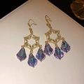 Detail of vintage gold earrings with zircon star frame and purple teardrop crystals - 54# Ear Hook - Gold - Purple