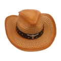 Khaki western cowboy straw hat with brown leather band and silver bull head ornament - One Size / Khaki 1 (Black Leather Bull Head)