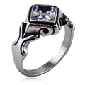 Vintage stainless steel ring featuring a large square-cut clear zircon and gothic engraving - White Zirconia (LR923)