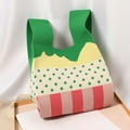 Colorful knitted tote bag with multi-color stripes and diamond patterns in a gift box - Mountain Saplings Striped Green