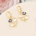 Macro detail of gold four-leaf clover earrings with zircon petals and evil eye pendant - 9# White Clover Earrings