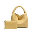 Hand-woven yellow hobo bag with matching clutch in Intrecciato style faux leather - Yellow