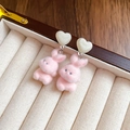 Pink flocked bunny earrings with cream heart stud in a beige jewelry display box - 142# Flocked Pink Rabbit Heart / Pink and White