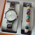 Silver quartz watch and colorful beaded bracelet in an orange premium gift box - Silver Watch Colorful Beaded Bracelet Set