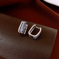 Close-up of rectangular silver earrings with blue and white gradient zircon stones - Silver Base Gradient Blue Zircon Style