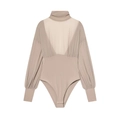 Body elegante a maniche lunghe color kaki con collo alto e inserti in rete velata - XS / Cachi