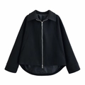 Chaqueta corta de lana negra para mujer con cremallera plateada y cuello de solapa elegante - XS / Negro