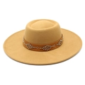 Detail of camel wool felt fedora featuring a leather band with silver ethnic rivets - Adult 57-59cm / Camel