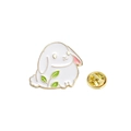 Lindo broche de esmalte de conejo blanco con hojas verdes y borde dorado para ropa - Conejo Sosteniendo Hoja Verde