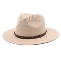 Beige straw fedora with brown leather band and metallic studs for outdoor beach sun protection - M (56-58cm) / Light Beige