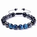 Bracelet tressé ajustable de 10mm en œil de tigre bleu et agate noire avec perles dorées - Oeil de Tigre Bleu Ciel + Perles Noires + Hématite