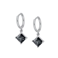 Macro shot of S925 silver hoop earrings with a square-cut black zircon pendant drop - Black/Silver