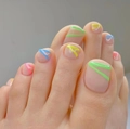 Press-on toenails featuring colorful abstract line art on a natural nude base - 1659-Neon Art Lines