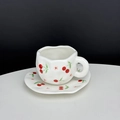 Hand-painted ceramic coffee cup and saucer set featuring cherry patterns and wavy edges - Big Cherry Cup & Saucer