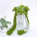 Green plush dinosaur hat for children with moving ears and 3D cartoon features - Dinosaur