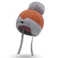 Berretto in maglia arancione per bambini con ricamo animale e pompon grigio - Taglia unica / Caramello