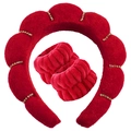 Red velvet twist headband with golden rhinestone rings and matching wristbands set - 3pcs Set (Headband + Wristbands) / Red with Rhinestones