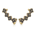 Elegant gold clover crawler earrings with sparkling dark blue round-cut gemstones - Gold Plated Blue Zirconia