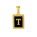 Golden rectangular letter T pendant with black enamel finish and beaded edge detail - Letter T