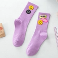 Lavender purple ribbed mid-calf cotton socks with yellow smiley face and letter patches - One Size / Purple
