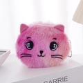 Pink plush cat coin purse with embroidered face and silver ball chain accessory - Rose Red