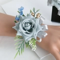 Elegant dusty blue rose wrist corsage with golden berries and silver ribbon for weddings - Misty Blue - Wrist Corsage