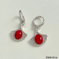 Silver stainless steel hoop earrings with ginkgo leaf charm and red oval zircon stone - Silver + Red Zirconia (PDE1514)