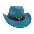 Navy blue faux suede cowboy hat featuring a brown leather band and silver bull head emblem - Malachite green
