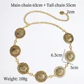 Vintage gold metal waist chain belt with engraved sunburst turquoise medallions for dresses - Antique Gold Sun Pattern Style (19621)