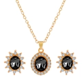 Elegant gold-tone jewelry set with black faux gem pendants and crystal halo design - Black Oval Halo Gemstone Set (02 Rose Gold# Black M-145)