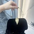 Elegant black velvet evening clutch bag with a golden leaf clasp and metal ring handle - Black (Chain + Handle)