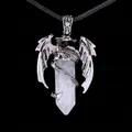 Pendentif dragon en argent avec cristal hexagonal blanc et cordon noir - Collier Cristal de Roche (avec cordon)