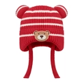 Red and white striped knit baby hat with bear ears and chin straps for winter warmth - One Size / Red