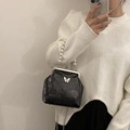 Glossy black pleated pearl handbag with silver butterfly charm and chain strap - Black