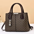 Brown geometric patterned handbag with leather handles and adjustable shoulder strap - Coffee