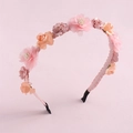 Detailed view of handmade pink and orange fabric floral headband with non-slip base - Style E-Pink Apricot Flower