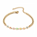 Gold stainless steel Cuban chain bracelet featuring seven colorful enamel floral charms - Rainbow Flowers