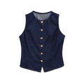 Detailansicht der dunkelblauen Denim-Weste mit goldenen Reliefknöpfen und hochwertigen Nähten - XS / Blaues Oberteil