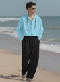 Men's light blue hooded linen shirt and black drawstring pants beach set outfit - Blue + Black